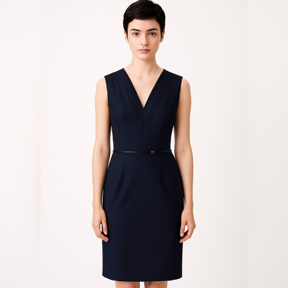 Hugo Boss Virgin Wool Women's Professional Knee length Belted Dress Navy Size 10 - Picture 1 of 16